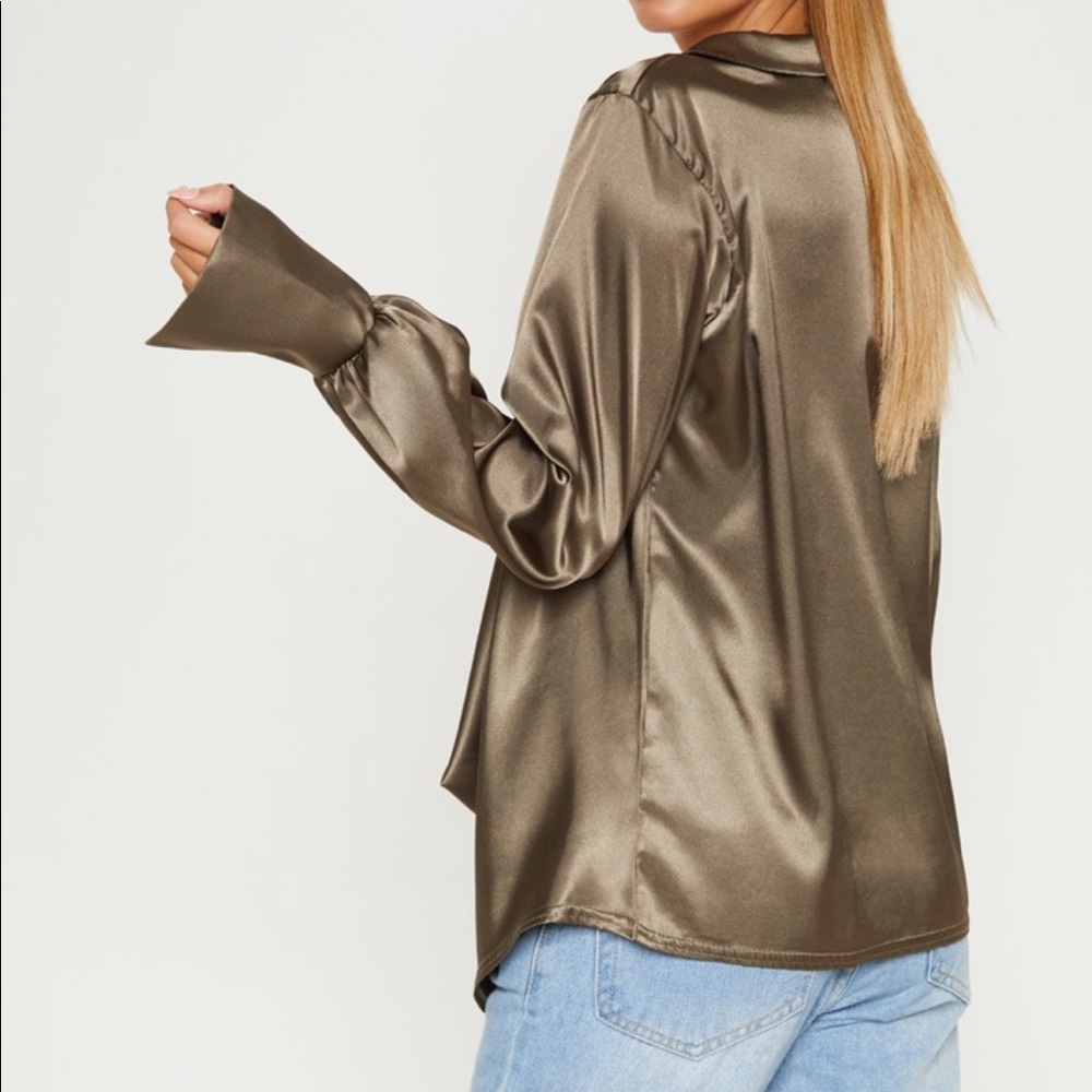 Khaki Extreme Cowl Longline Satin Shirt